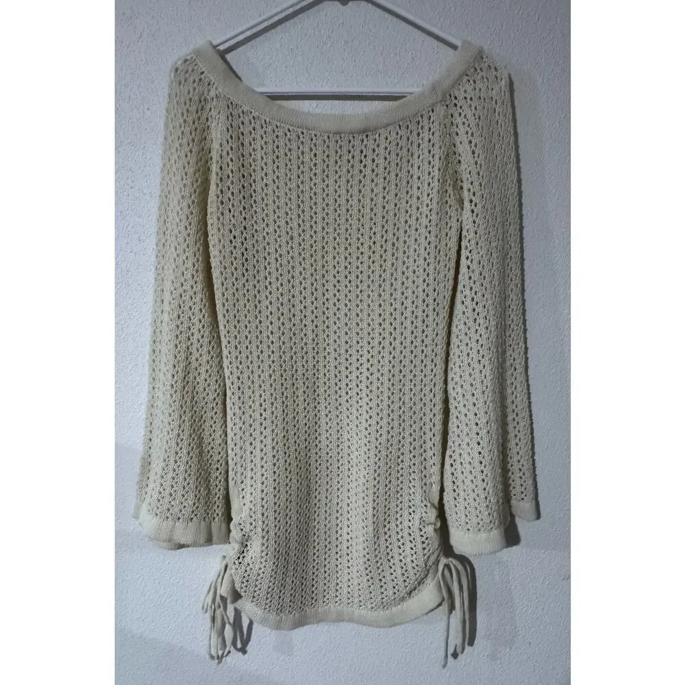 SHEIN Boho Cream Open Knit Bell Sleeve Tunic Sweater Size Medium Beach Comfy